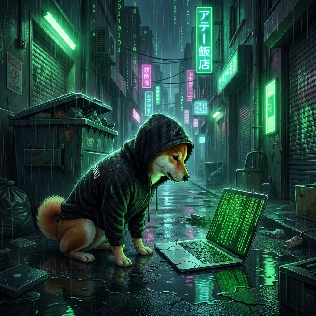 Hacker Inu finds a glowing laptop in a rainy alley