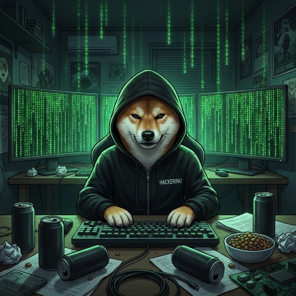 Hacker Inu coding late at night in front of three monitors