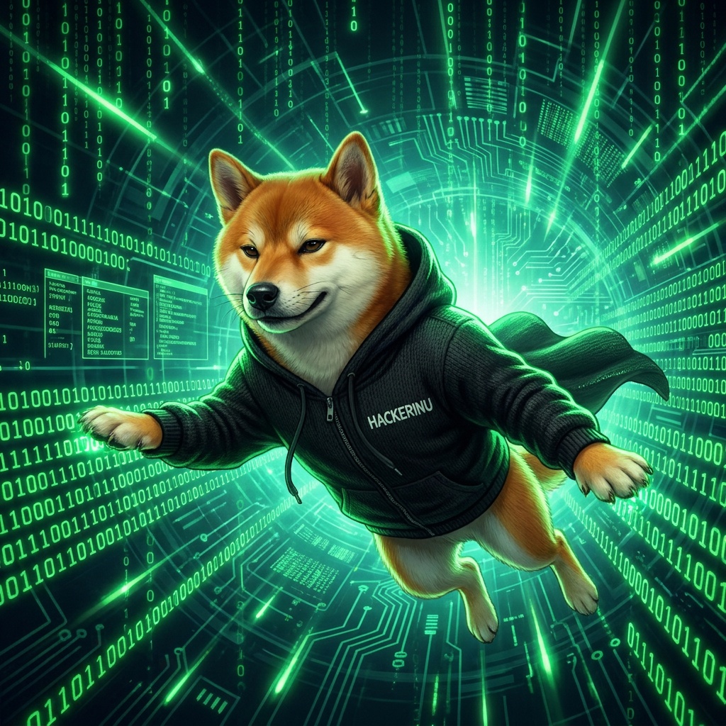 Hacker Inu flying through a tunnel of green code
