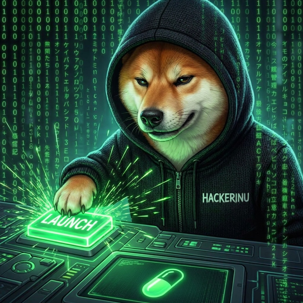 Hacker Inu pressing a glowing green launch button