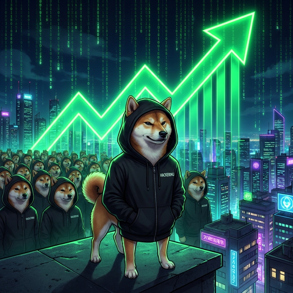 Hacker Inu on a rooftop with a pack of hooded Shibas