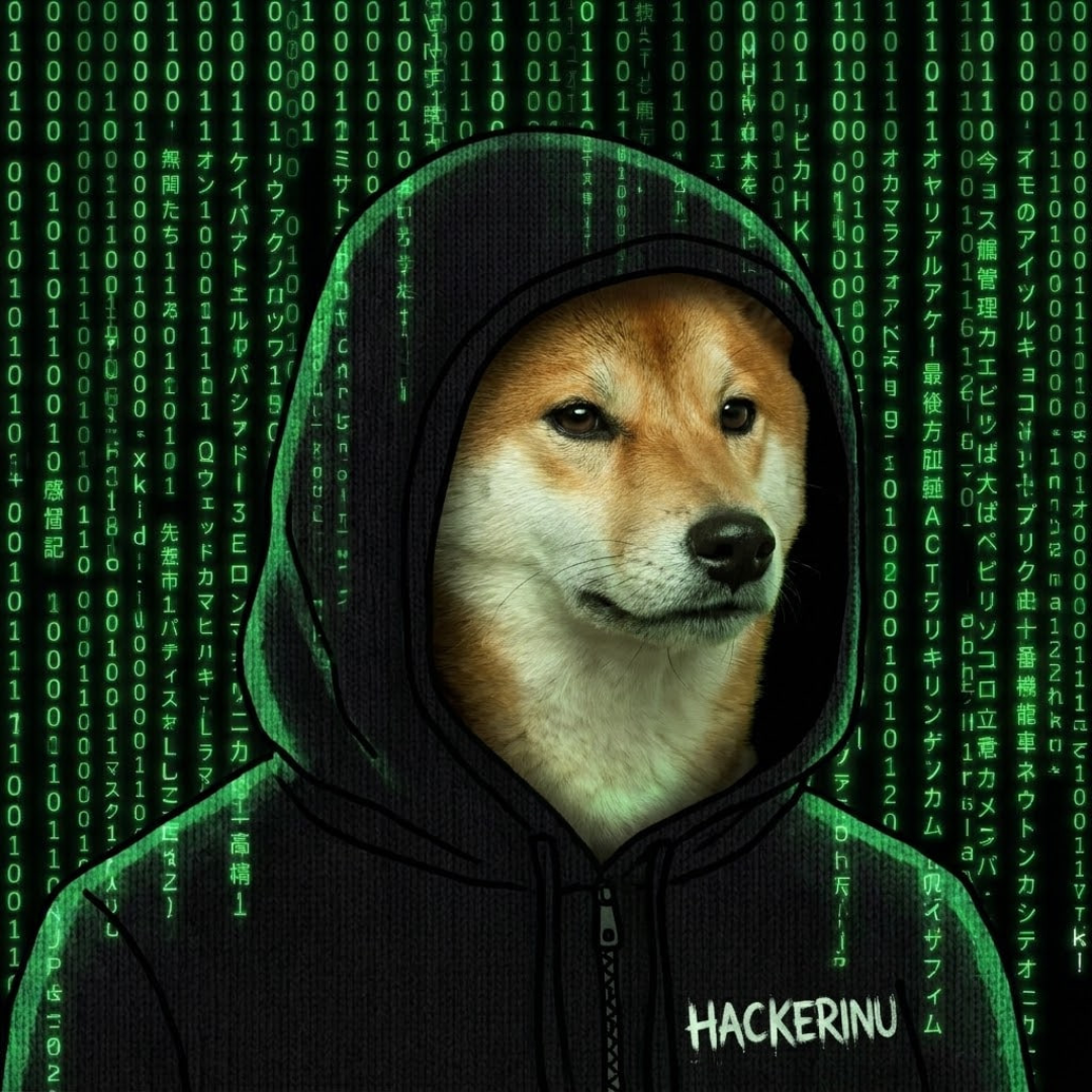 Hacker Inu: a Shiba Inu in a black HACKERINU hoodie in front of green matrix code